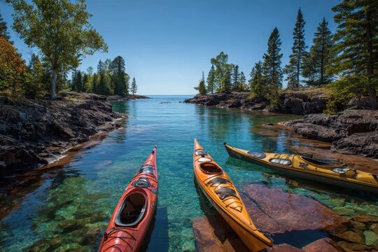 Canoes and Kayaks Docked on Northern Waters of Madeline Island in Lake Superior, Wisconsin - Powered by Adobe