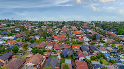 Panorama Sunset  aerial drone view of western Sydney Suburbs of Canterbury Burwood Ashfield...