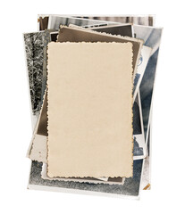 Stack old photos with blank copy space, isolated on a white background. Abstract textured backdrop, postcard mockup.