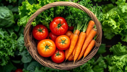A traditional farmer's market basket overflowing with fresh organic vegetables (tomatoes, lettuce, carrots)