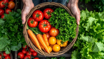 A traditional farmer's market basket overflowing with fresh organic vegetables (tomatoes, lettuce, carrots)