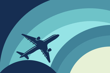 Naklejka premium Airplane silhouette flying through a colorful abstract sky.