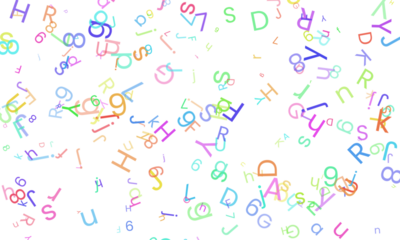 An energetic cascade of assorted letters and digits in a spectrum of bright colors drifts against a stark white backdrop, evoking a sense of lively learning isolated on transparent background
