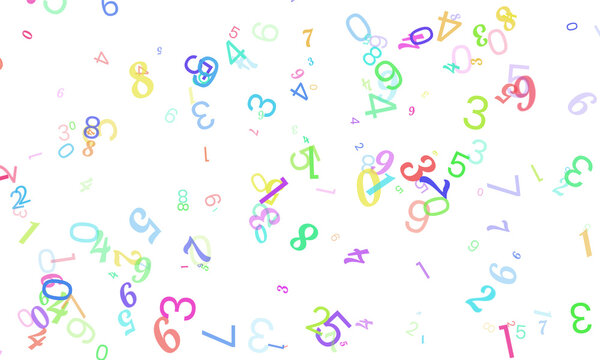 A colorful explosion of numbers and mathematical symbols floating against a clean transparent background, representing concepts of data, education, and calculation