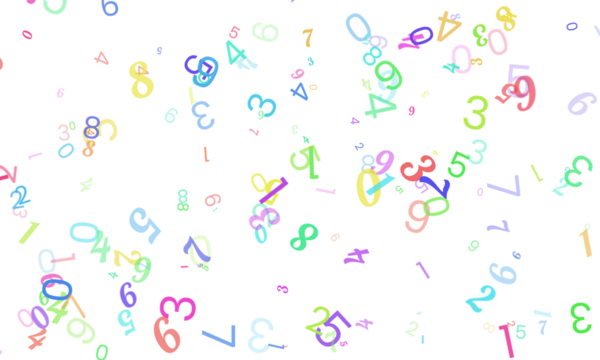 A colorful explosion of numbers and mathematical symbols floating against a clean transparent background, representing concepts of data, education, and calculation