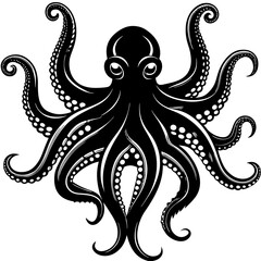Detailed black silhouette of a stylized octopus with eight tentacles isolated on white background