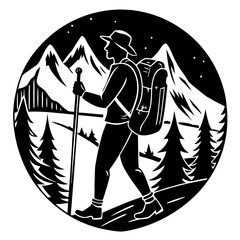 Silhouette of a hiker with a backpack and trekking pole in a mountain landscape isolated on white background