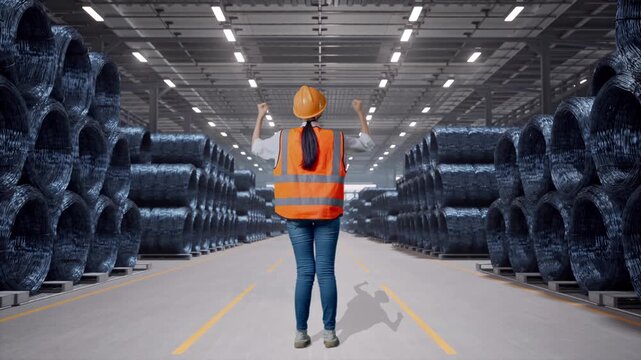 Full Body Back View Of A Female Engineer With Safety Helmet Raising Her Hands Celebrating While Working with Stacks of Huge Metal Wire Coils in Warehouse