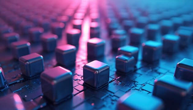 Rows of shiny metallic cubes in blue and pink light. 3D shapes form geometric pattern on dark surface. Digital art design shows abstract texture, future tech. - Powered by Adobe