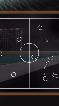Animation of game plan on board over sports stadium