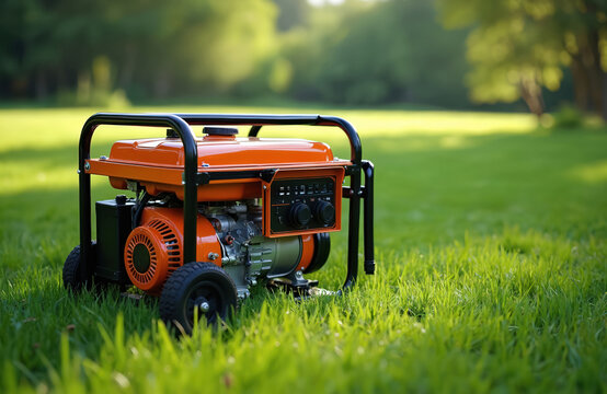 Bright orange portable electric generator with black frame, wheels rests on rich green grass outdoors. Device provides electricity for camping, emergency home backup, remote work power. Reliable