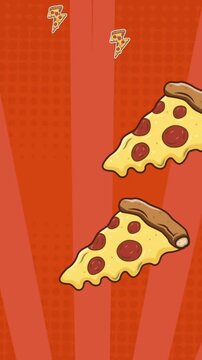 Animation of pizza icons over stripes on red background