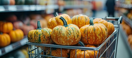 Halloween pumpkins stacked inside a metal shopping cart in a supermarket aisle, festive autumn and Halloween decoration.