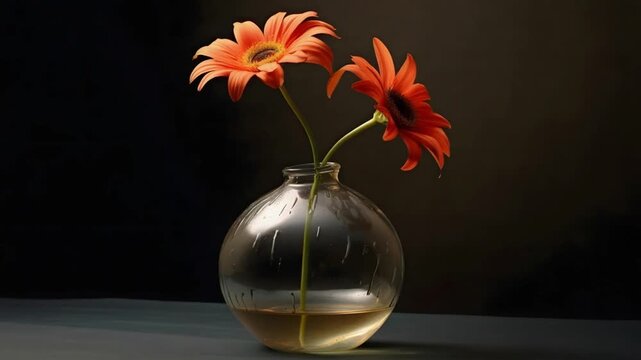Two vibrant orange gerbera daisies in a clear glass vase on dark background