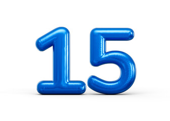 Shiny blue balloon number 15 with glossy surface and smooth inflated curves. 3d illustration