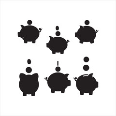 Six piggy banks with coins falling in, savings concept set and bundle silhouette art vector design