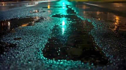 雨で出来た水たまりに反射する青信号の明かり