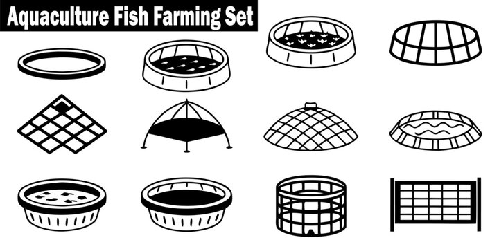 Aquaculture Fish Farming Set Collection Vector Illustration with Aquatic Food Livestock Growth, Equipment, Pisciculture, Fishpond Elements, Round Square Shape, Modern Technology.