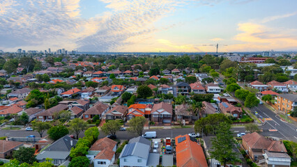 Panorama Sunset  aerial drone view of western Sydney Suburbs of Canterbury Burwood Ashfield...
