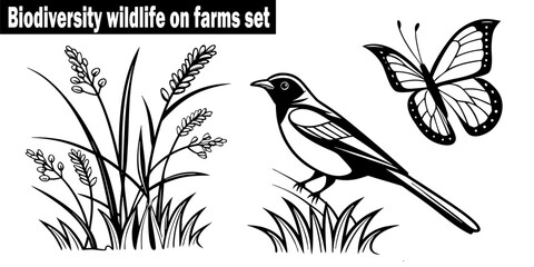 Biodiversity Wildlife on Farms Set Vector Graphic in a Plants, Nature, Butterfly, Bird, Ecology, Floral, Agriculture, Wildlife, Farming, Harvest.