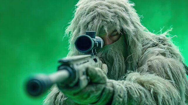 A camouflaged figure aims a rifle with a scope in front of a green background
