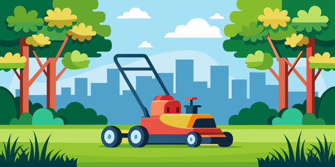Naklejka premium Electric lawn mower parked in a park with trees and skyline 