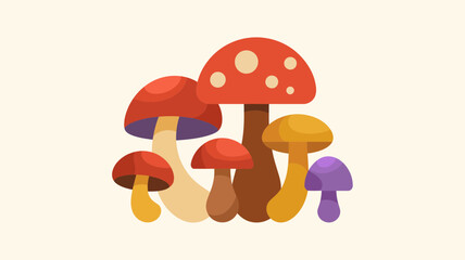 Vibrant cartoon mushroom collection with red yellow and purple hues