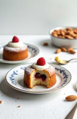 Runeberg torte on plate. Dessert cake with cream, berry, nuts. Sweet pastry treat served on table. Baked food with raspberry filling, almonds in bowl. Delicious dessert time.