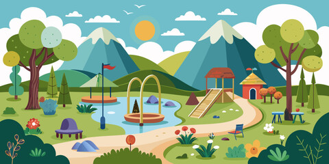 Obraz premium Nature-themed playground with swings and slides in a sunny landscape 