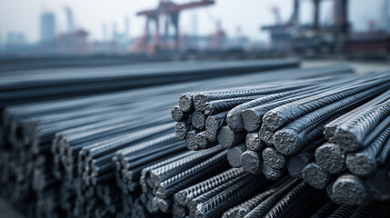 Close-up of stacked steel rebar at construction site, symbolizing building materials, strength, and industry