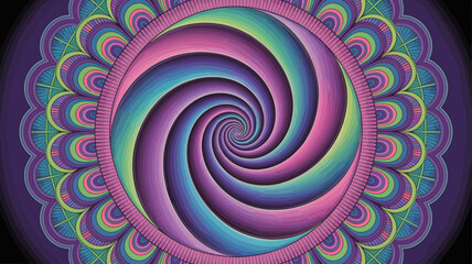 Vibrant psychedelic mandala with a swirling spiral center