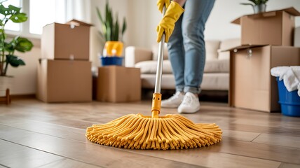 Person wearing yellow gloves and jeans cleans a wooden floor with a mop amidst moving boxes in a bright room