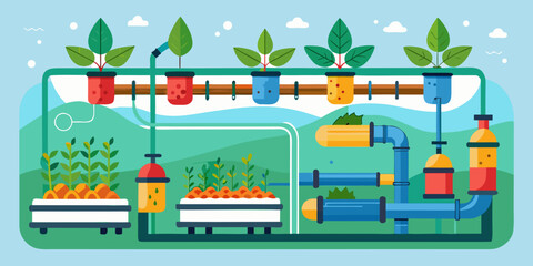 Obraz premium Aquaponics system with plants and pipes in colorful design 