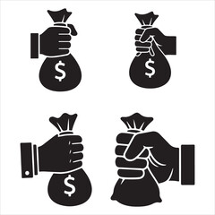 Hand holding money bag, symbol of wealth and investment set and bundle silhouette art vector design