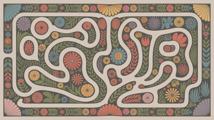 Whimsical floral maze pattern with retro color palette
