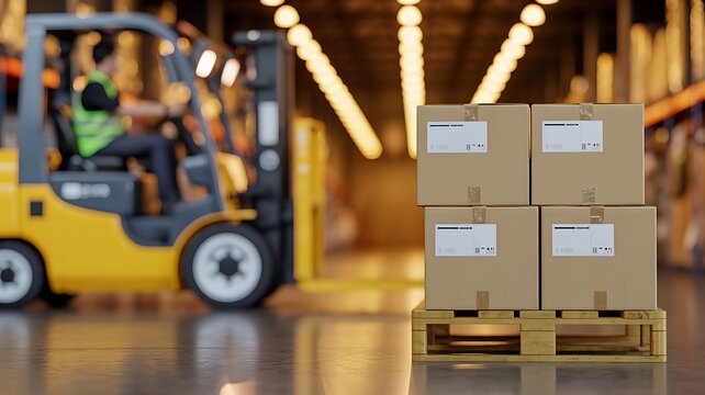 Yellow forklift truck operating in a brightly lit modern warehouse moving stacked cardboard boxes on a wooden pallet