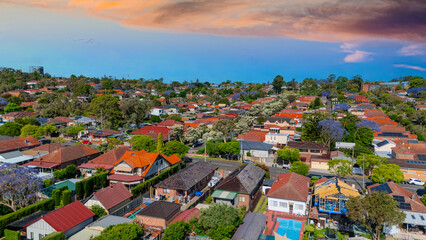 Panorama Sunset  aerial drone view of western Sydney Suburbs of Canterbury Burwood Ashfield...
