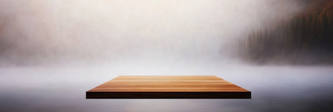 Tranquil wooden dock over misty lake with forest background