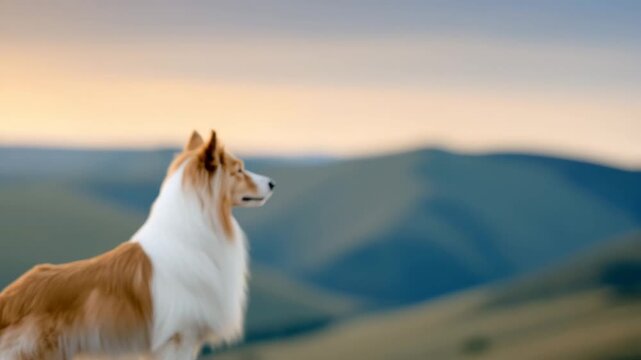 Rough Collie Dog Standing Hilltop At Sunset. Golden Light Over Mountains. Loyal Pet And Freedom Symbol. Cinematic Orbit