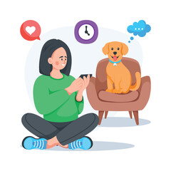 Woman sitting with dog and using mobile, concept illustration of mobile addiction