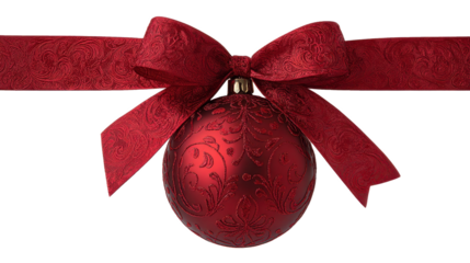 Red baroque style christmas ornament with intricate floral patterns hanging from a textured decorative ribbon and bow, festive holiday decor on transparent background