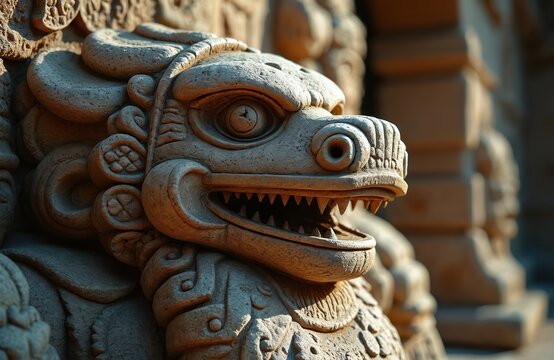 Ancient Aztec stone sculpture of feathered serpent god head. Quetzalcoatl deity statue with sharp teeth and intricate designs. Mexican heritage monument close-up.
