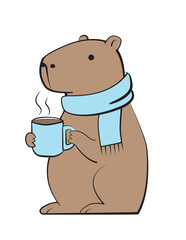 A simple line drawing of a capybara holding a mug, showcasing its relaxed expression and gentle posture. The sketch emphasizes clean lines and minimal details for a charming, minimalistic style