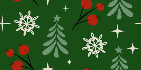 Festive Christmas Holiday Pattern with Trees and Snowflakes