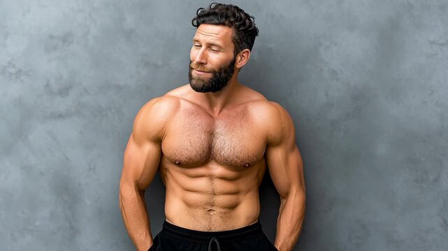 Muscular man with beard poses confidently against textured gray wall, showcasing strength and fitness, camera captures gradual facial expression change, enhancing visual storytelling and engagement