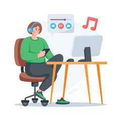 Flat illustration of a man using mobile phone during office work