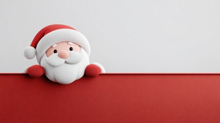 Cute santa claus 3d character peeking over a red empty banner, presenting space for christmas holiday message or festive greeting, isolated on white background