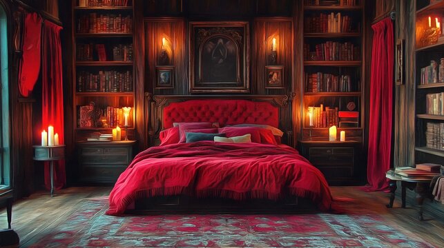 Create a gothic bedroom with deep red tones antique books and flickering candlelight embodying a dark and enchanting style interior