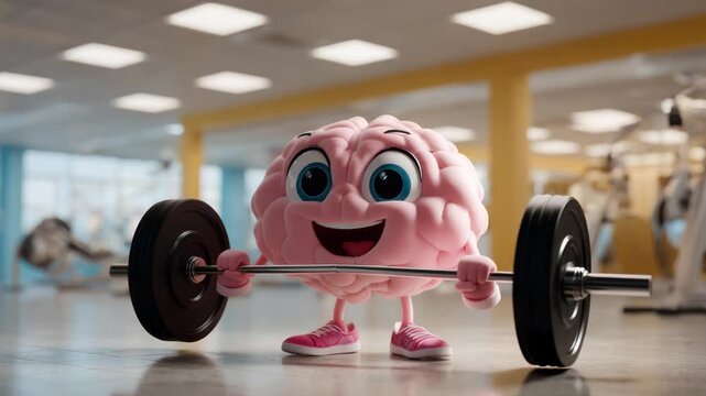 A cartoon brain character, lifting weights in a gym, promoting brain health and fitness