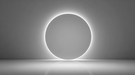 Abstract glowing circle creating a futuristic portal effect, illuminating a minimalist light gray studio background with reflection on the glossy floor